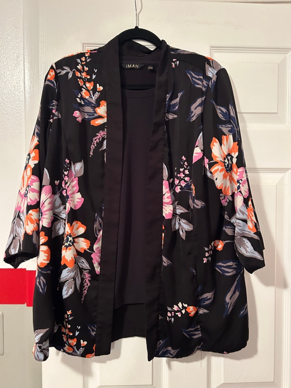IMAN Black Floral Open-Front Blazer with Pink and Orange Blooms